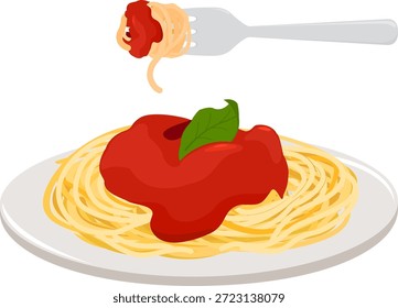 Spaghetti pasta dish with red sauce and fork. Pasta menu with tomato, Bolognese, red tomato sauce. Homemade cooked pasta on a plate with basil. Vector illustration