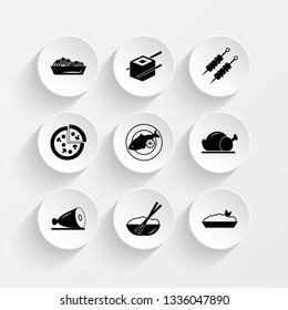 Spaghetti pasta, Flat a two sushi, Shish kebab on skewers and Pizza icons on plate illustration set
