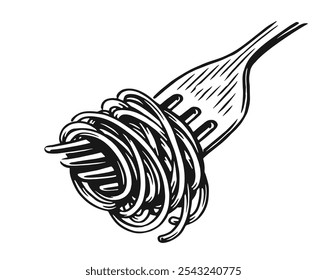 Spaghetti pasta y tenedor. Comida italiana, dibujo de boceto de fideos. Ilustración vectorial dibujada a mano