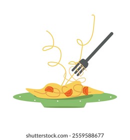 Spaghetti pasta with a fork. Pasta with tomato and basil. Textured vintage illustration