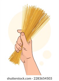 Spaghetti. Pasta en mano. Espagueti en mano humana. Fondo blanco de ilustración vectorial aislada.