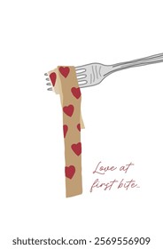 A spaghetti pasta with hearts on it wrapped around a fork, Love at First Bite text, Valentine's Day concept