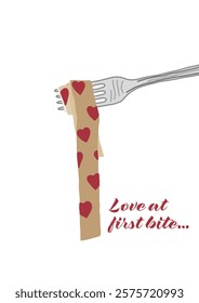 A spaghetti pasta with hearts on it wrapped around a fork, Love at First Bite text, Valentine's Day concept