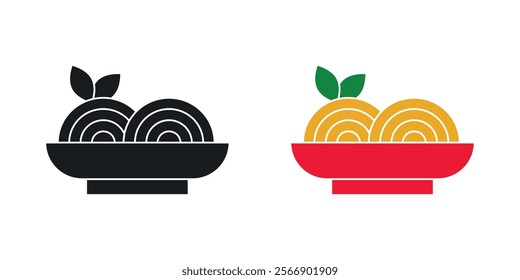 Spaghetti pasta icon set in black and colored