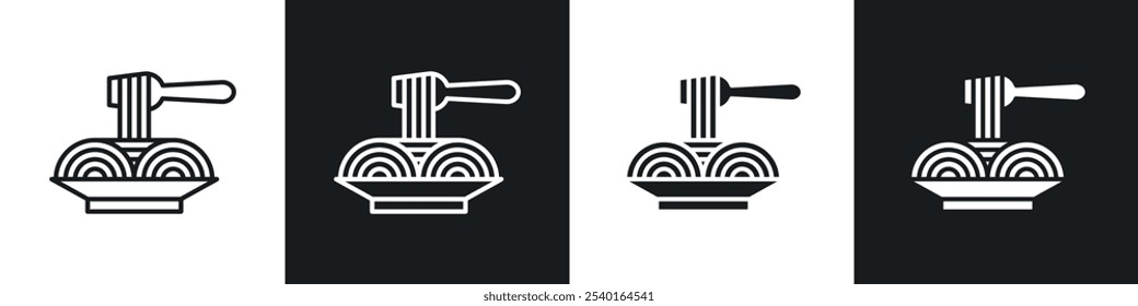 Spaghetti pasta icon set. Vector symbols in black and white colors.