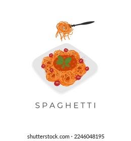 Logotipo De Ilustración De Pasta De Spaghetti En Una Placa Blanca Listo Para Comer Con Horquilla