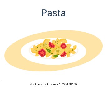 Spaghetti or pasta. Italian food on the plate. Delicious dinner, meat dish. Isolated vector illustration in cartoon style