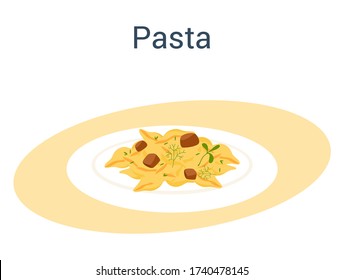 Spaghetti or pasta. Italian food on the plate. Delicious dinner, meat dish. Isolated vector illustration in cartoon style