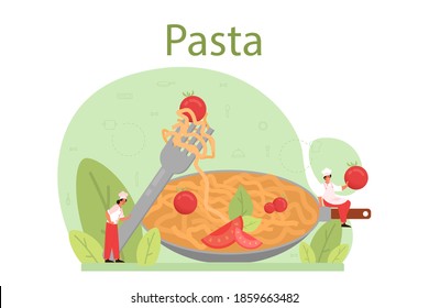 Spaghetti or pasta. Italian food on the plate. Delicious dinner, meat dish. Mushroom, meatball, tomatoes ingredients. Isolated vector illustration in cartoon style