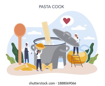 Spaghetti or pasta. Italian food on the plate. Delicious dinner, meat dish. Mushroom, meatball, tomatoes ingredients. Isolated vector illustration in cartoon style