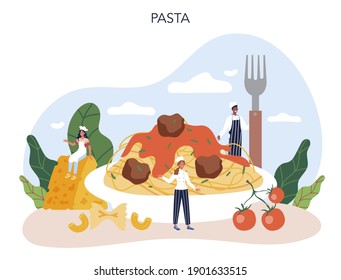 Spaghetti or pasta. Italian food on the plate. Delicious dinner, meat dish. Mushroom, meatball, tomatoes ingredients. Isolated vector illustration in cartoon style