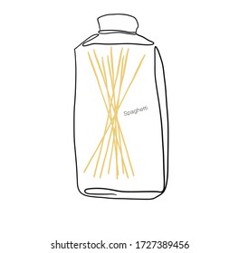 Spaghetti. Pasta en un tarro simple dibujo lineal. Arte de la línea. Cocina italiana, pasta. Ilustración vectorial. Macarrones secos realistas, para tarjetas, afiches, diseño, logo, para materia impresa.