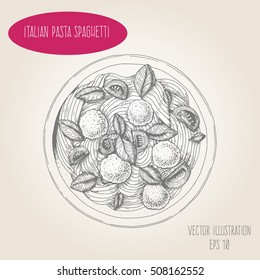 Spaghetti pasta and meatballs vector illustration. Italian cuisine. Linear graphic. 