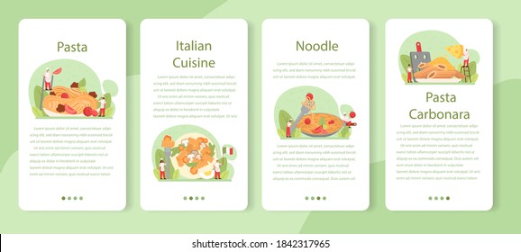 Spaghetti or pasta mobile application banner set. Italian food on the plate. Delicious dinner, meat dish. Mushroom, meatball, tomatoes ingredients. Isolated vector illustration in cartoon style