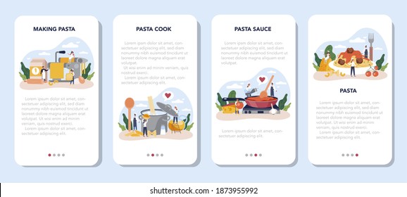 Spaghetti or pasta mobile application banner set. Italian food on the plate. Delicious dinner, meat dish. Mushroom, meatball, tomatoes ingredients. Isolated vector illustration in cartoon style