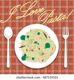 Spaghetti pasta with mushroom and broccoli vector illustration