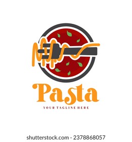 Ilustración del logo de Spaghetti pasta noodle. Icono del logo de la pasta con una combinación de fideos o pasta, tenedor