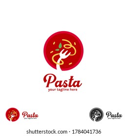 Spaghetti pasta noodle logo with plate round shape icon symbol, fork and green leaf