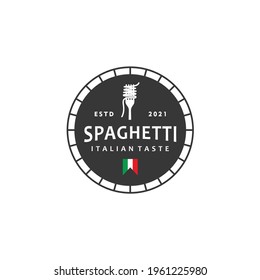 Spaghetti pasta noodle vintage logo design template on black background