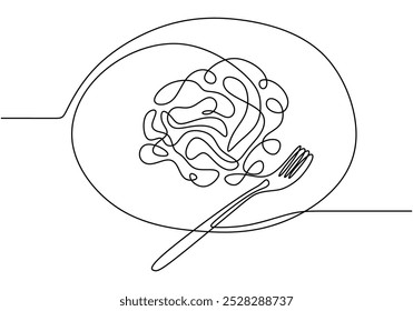 Espaguetis y fideos de pasta. Un dibujo de línea continua. Concepto de comida italiana. Ilustración vectorial minimalista aislada sobre fondo blanco.