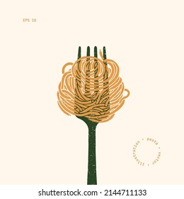 Spaghetti Pasta On A Fork. Pasta Design Element. Textured Vintage Illustration