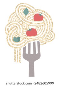 Icono de pasta de espagueti en tenedor. Pasta con tomate y albahaca. Comida italiana, fideos, cocina nacional. Ilustración texturizada. 