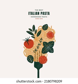 Spaghetti Pasta On A Fork. Pasta With Meatball. Italian Food Design Template. Textured Vintage Illustration.