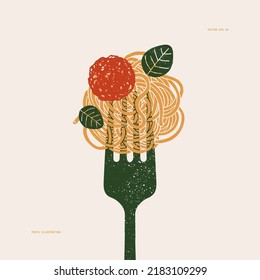 Spaghetti pasta on a fork. Pasta with meatball. Textured vintage illustration.