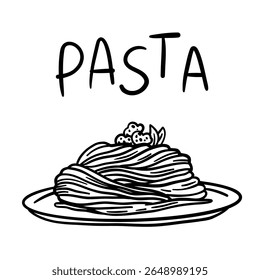 Massa de espaguete na placa. Gravura vintage desenhada à mão em contorno preto. Ilustração de vetor de cozinha italiana para menu, projetos culinários ou embalagem de alimentos. Isolado no branco.