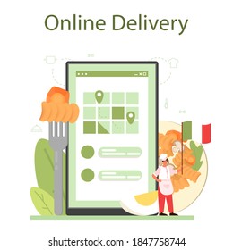 Spaghetti or pasta online service or platform. Italian food on the plate. Delicious dinner, meat dish. Online delivery. Isolated vector illustration