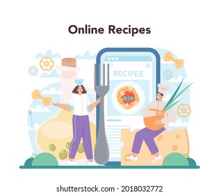 Spaghetti or pasta online service or platform. Italian food on the plate. Delicious dinner with mushroom, meatball, tomatoes. Online recipe. Flat vector illustration