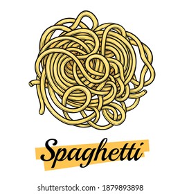 Spaghetti pasta or Oriental noodles. Traditional Italian or ramen. Hand-drawn style of engraving, ink, outline, in color. Vector illustration isolated on white.