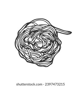 Spaghetti pasta or Oriental noodles. Traditional Italian or ramen. Hand-drawn style of engraving, ink, outline. Vector illustration