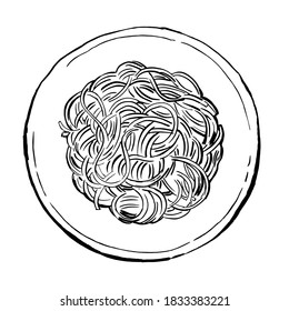Spaghetti. Pasta painted watercolor on a white background. Ink sketch of food. Italian food. 