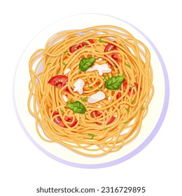 Spaghetti Pasta auf Teller mit Tomaten, Basilikum, Mozzarella im Cartoon-Stil Draufsicht detailliert und strukturiert einzeln auf weißem Hintergrund. Speisen, italienische Küche