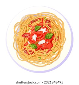 Spaghetti Pasta in plate with tomatos, basil, mozzarella in cartoon style top view detailed and textured isolated on white background. food, italian cuisine