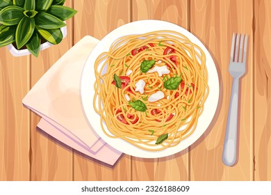 Spaghetti Pasta auf Teller mit Tomaten, Basilikum, Mozzarella im Cartoon-Stil Draufsicht detailliert und strukturiert auf Holzhintergrund. Speisen, italienische Küche