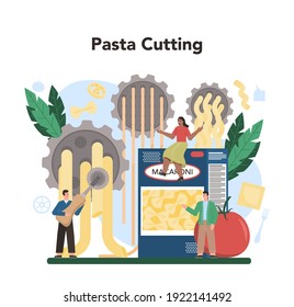 Spaghetti or pasta production industry. Italian semi-processed food manufacturing, Macaroni cutting. Isolated vector illustration in cartoon style