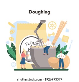 Spaghetti or pasta production industry. Italian semi-processed food manufacturing, Macaroni cutting and drying. Isolated vector illustration in cartoon style