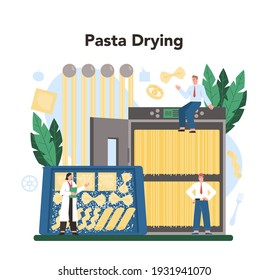 Spaghetti or pasta production industry. Italian semi-processed food manufacturing, Macaroni drying. Isolated vector illustration in cartoon style