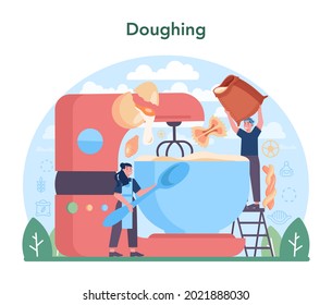 Spaghetti or pasta production industry. Italian traditional food manufacturing. Semi-processed noodles doughing, forming and drying process. Flat vector illustration in cartoon style