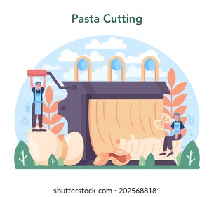 Spaghetti or pasta production industry. Italian traditional food manufacturing. Semi-processed noodles doughing, forming and drying process. Flat vector illustration in cartoon style