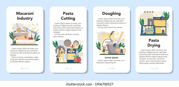 Spaghetti or pasta production industry mobile application banner set. Italian semi-processed food manufacturing, Macaroni cutting and drying. Isolated vector illustration in cartoon style