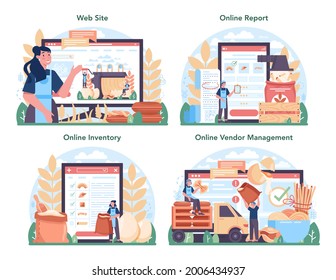 Spaghetti or pasta production industry online service or platform set. Italian traditional food, noodles making process. Online report, inventory, vendor management, website. Flat vector illustration