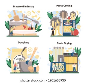 Spaghetti or pasta production industry set. Italian semi-processed food manufacturing, Macaroni cutting and drying. Isolated vector illustration in cartoon style