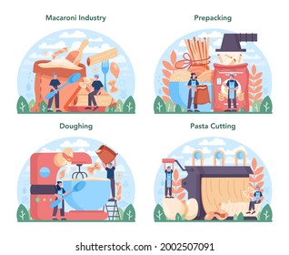 Spaghetti or pasta production industry set. Italian traditional food manufacturing. Semi-processed noodles doughing, forming and drying process. Flat vector illustration in cartoon style