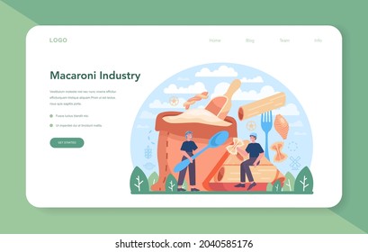 Spaghetti or pasta production industry web banner or landing page. Italian traditional food manufacturing. Semi-processed noodles making process. Flat vector illustration in cartoon style