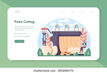 Spaghetti or pasta production industry web banner or landing page. Italian traditional food manufacturing. Semi-processed noodles making process. Flat vector illustration in cartoon style
