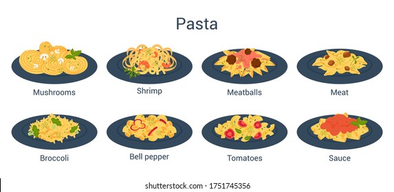 Spaghetti or pasta set. Italian food on the plate. Delicious dinner, meat dish. Mushroom, shrimp, meatball, broccoli, tomatoes. Isolated vector illustration in cartoon style