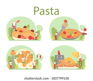 Spaghetti o pasta set. Platos italianos. Una cena deliciosa, un plato de carne. champiñones, albóndigas, ingredientes de tomates. Ilustración vectorial aislada en estilo de dibujos animados